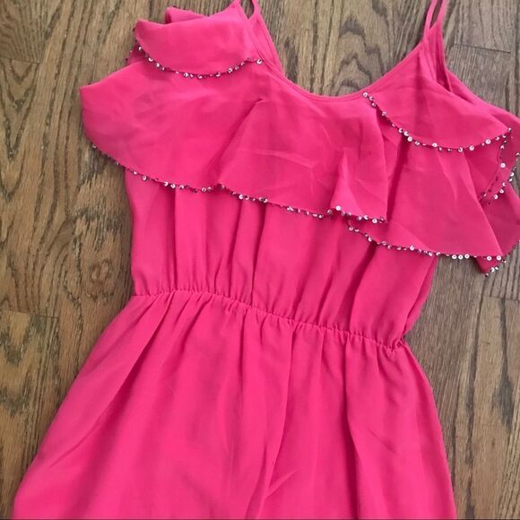 Sassy Hot Pink Sequin trim ruffled mini dress 0 - Picture 4 of 6